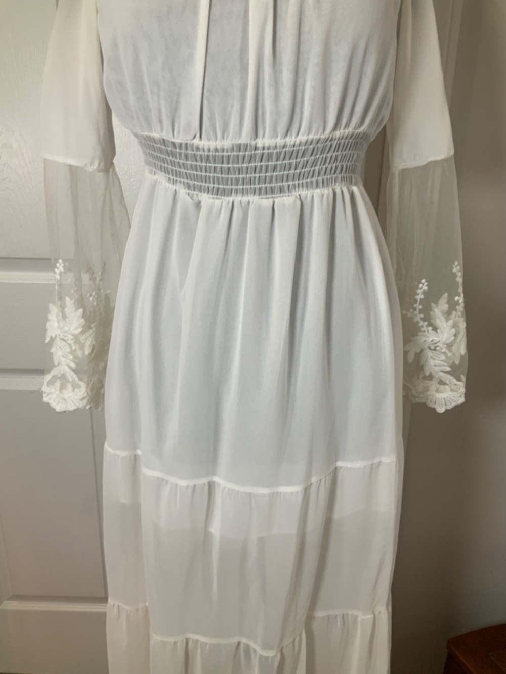 White Boho Lace Sleeve Off Shoulder Maxi Dress Romantic Cottagecore Size Large - Picture 4 of 10